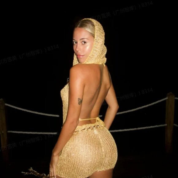 Hooded Boho Sequin Mesh Asymmetrical Matching Set Shorts Festival EDM Rave NWT - Picture 7 of 7